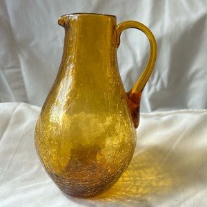Hand Blown Amber Crackle Glass Pitcher